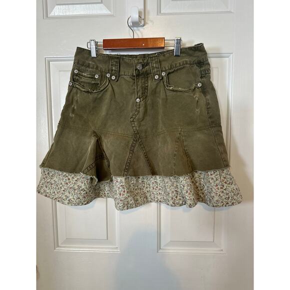 Free People Skirt Womens 28 Olive Green Y2K High Waisted Distressed Flare Mini - Picture 2 of 9